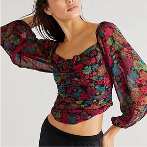 Free People Oh LaLa Cropped chiffon floral Top - Size Small - long sleeve